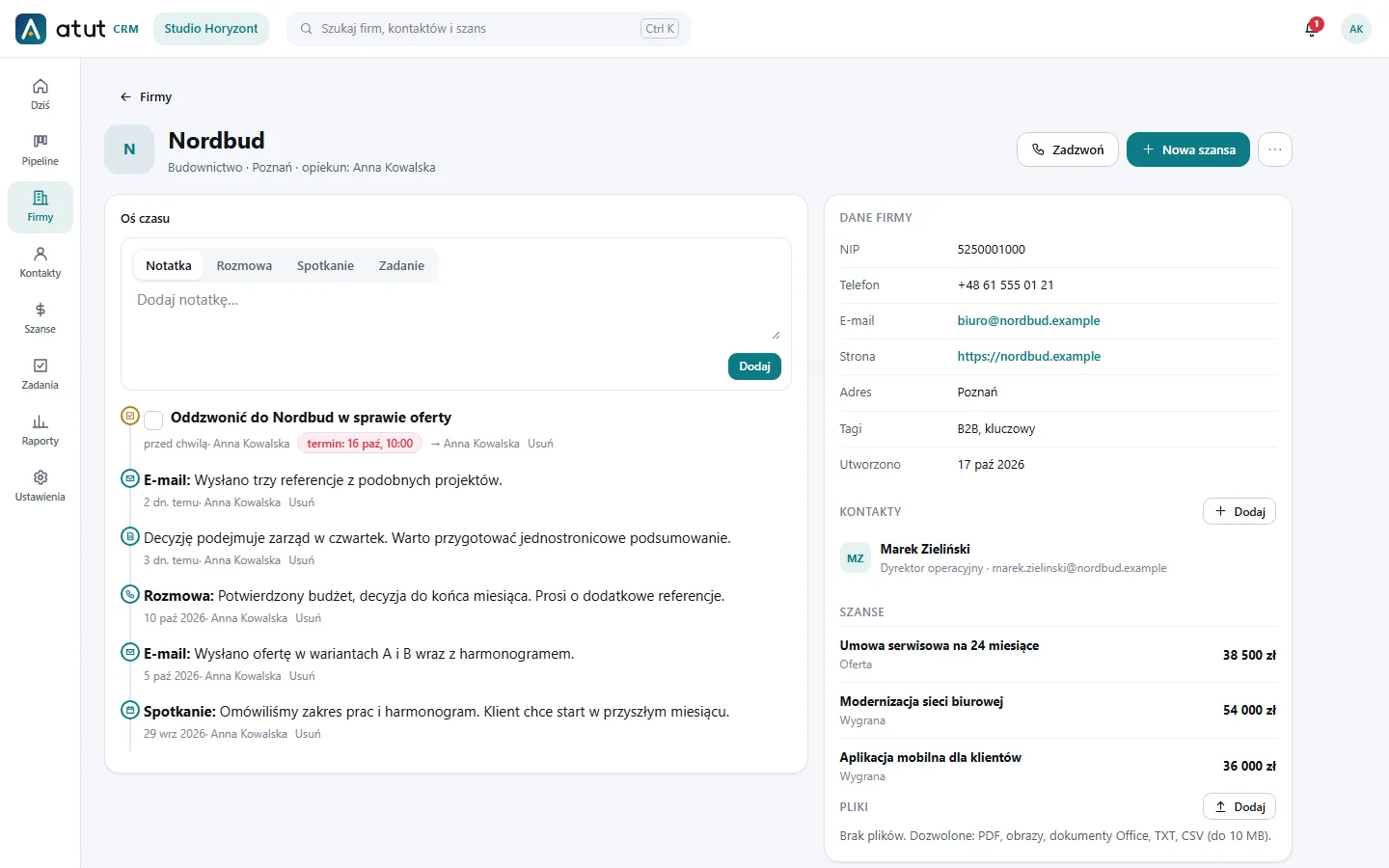 A company record in Atut CRM: timeline with calls and notes, company data, contacts and deals