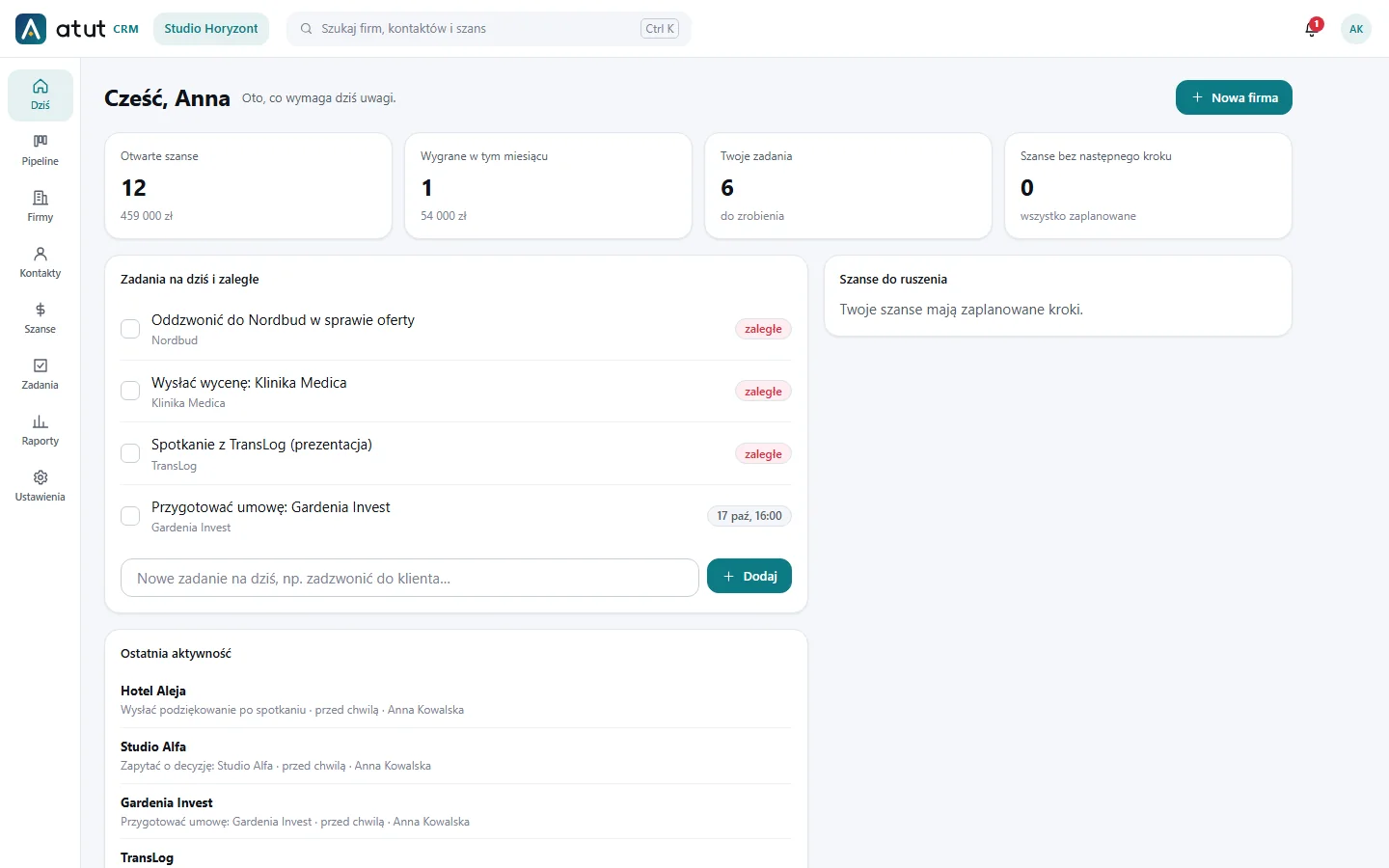 The “Today” dashboard in Atut CRM: deal summary, tasks due today and overdue, recent activity