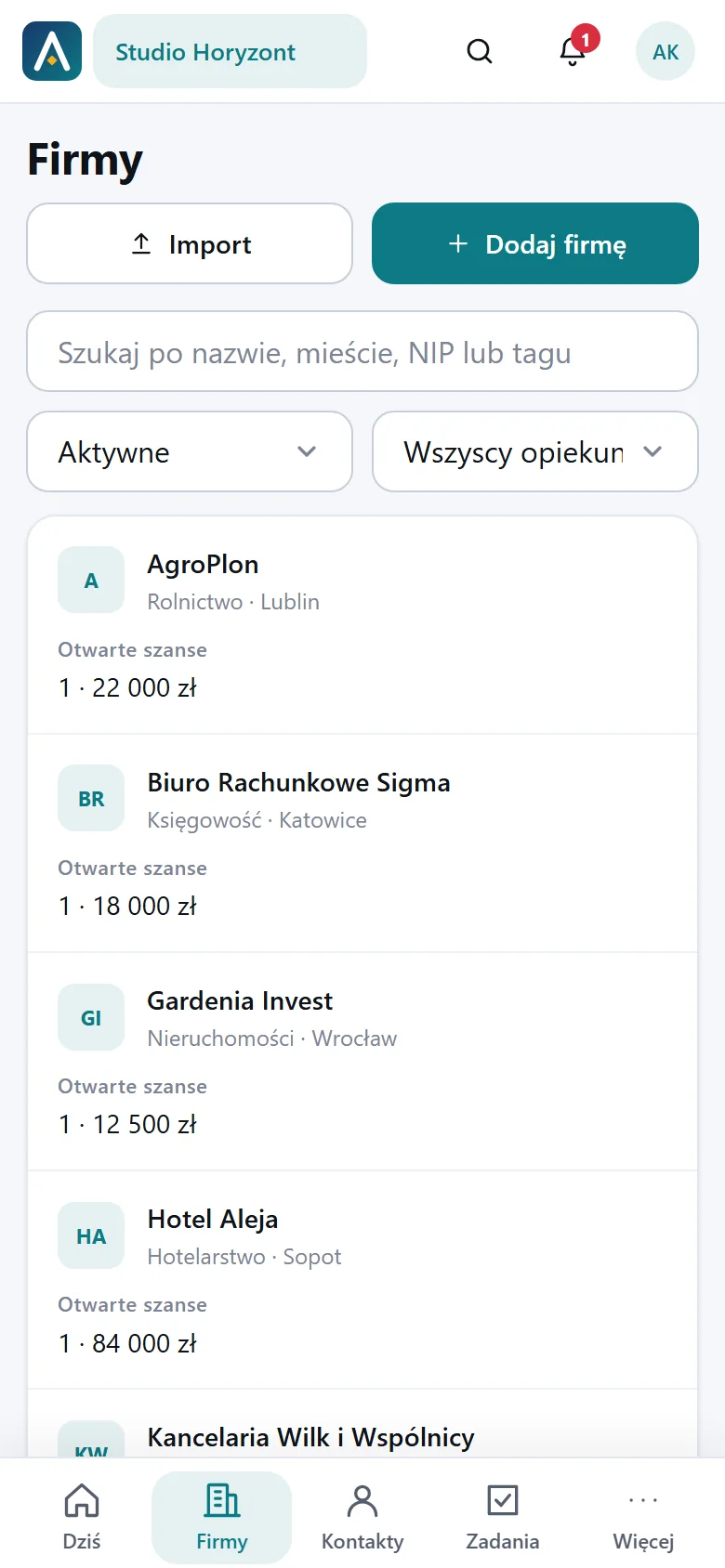 The company list in Atut CRM on a phone