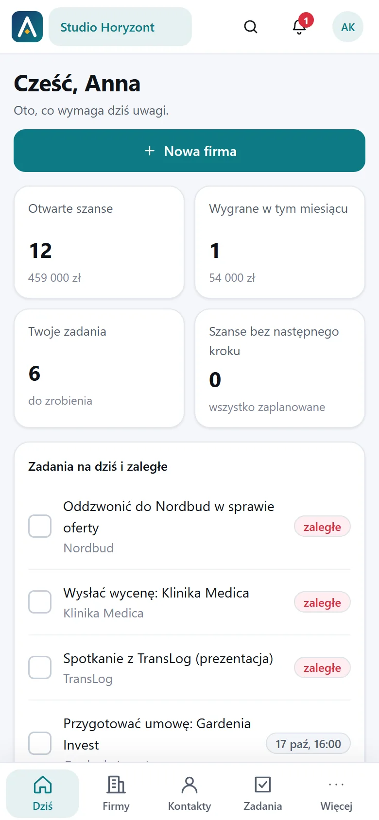The “Today” dashboard in Atut CRM on a phone